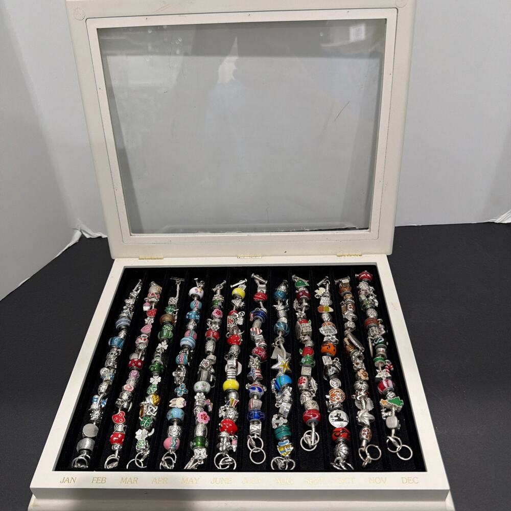 Willabee and Ward 12-Month Charm Bracelet Complete Set W/Wood Display Case